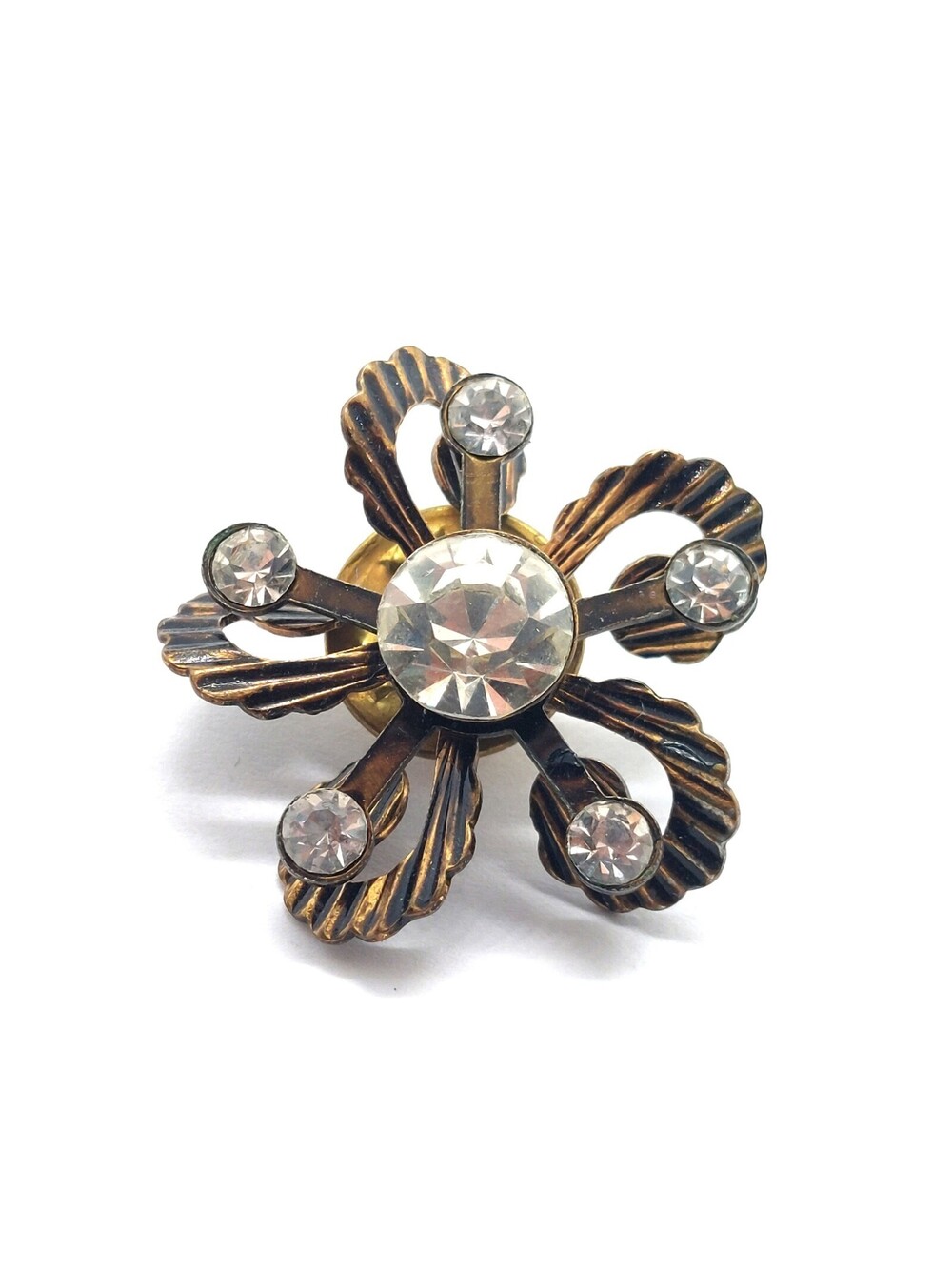 Rhinestone Flower Pin Gold Tone Twisted Petal Sparkly Retro Costume Brooch